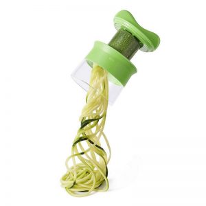 A useful kitchen tool the spiralizer shown in green colour