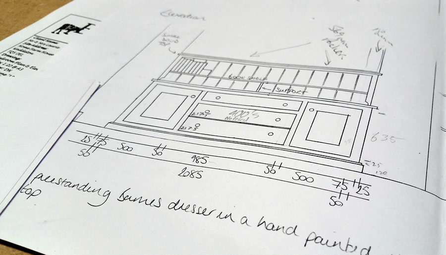 Hand drawings of the kitchen design stage