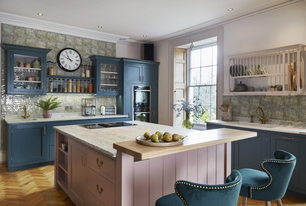 A beautiful handmade kitchen finished in blue and pink