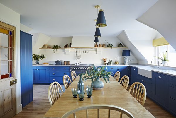 Aqua blue wooden cabinets fitted in a modern contemporary kitchen